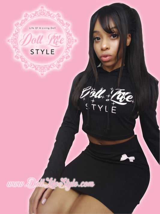 Black Doll Life Crop Top Hoodie & Skirt Set