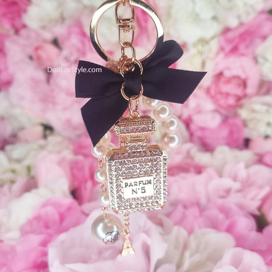 Black Handmade Bow Pearl Keychain Pendant Rhinestone Perfume Bottle Keychain🎀