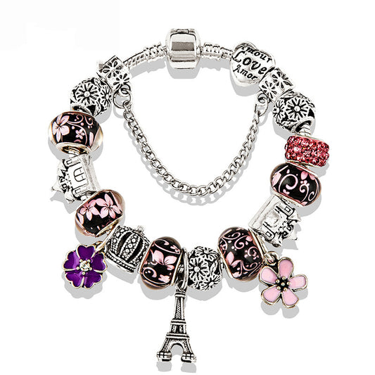 Handmade Royal Purple Paris Silver Chain flowers 🌸 Charm Bracelet