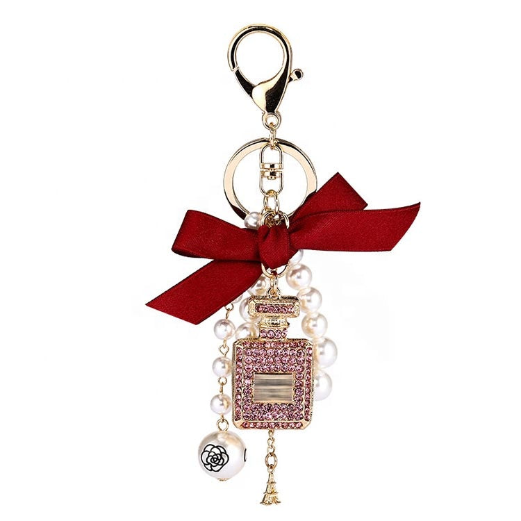 Red Handmade Bow Pearl Keychain Pendant Rhinestone Perfume Bottle Keychain🎀