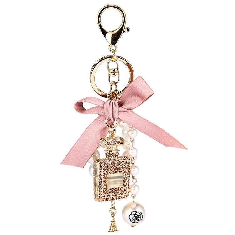 Pink Handmade Bow Pearl Keychain Pendant Rhinestone Perfume Bottle Keychain🎀