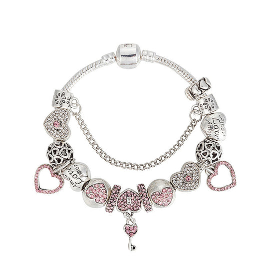 Handmade Pink Crystal Hearts 💖 Silver Chain Charm Bracelet