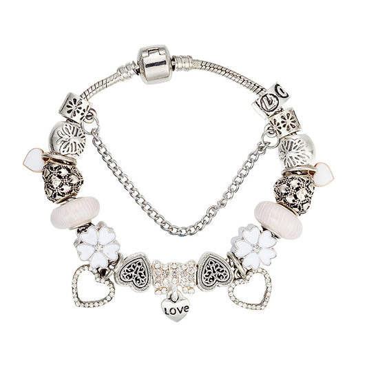Handmade White Sakura💮 Silver Chain Heart Charm Bracelet