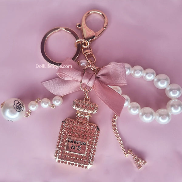 Pink Handmade Bow Pearl Keychain Pendant Rhinestone Perfume Bottle Keychain🎀