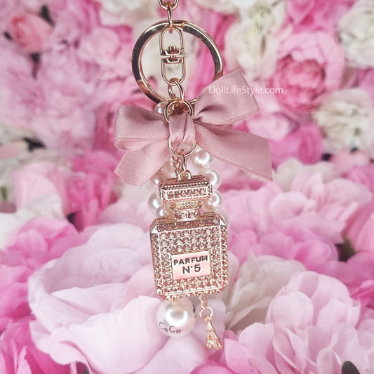 Pink Handmade Bow Pearl Keychain Pendant Rhinestone Perfume Bottle Keychain🎀