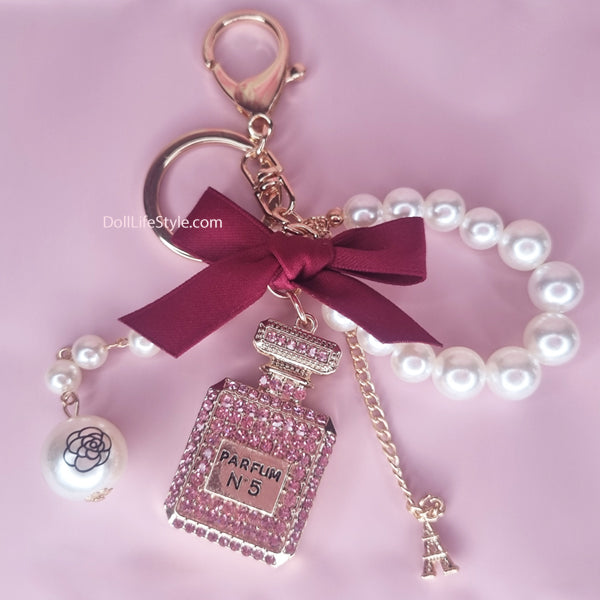 Red Handmade Bow Pearl Keychain Pendant Rhinestone Perfume Bottle Keychain🎀