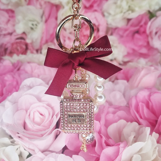 Red Handmade Bow Pearl Keychain Pendant Rhinestone Perfume Bottle Keychain🎀